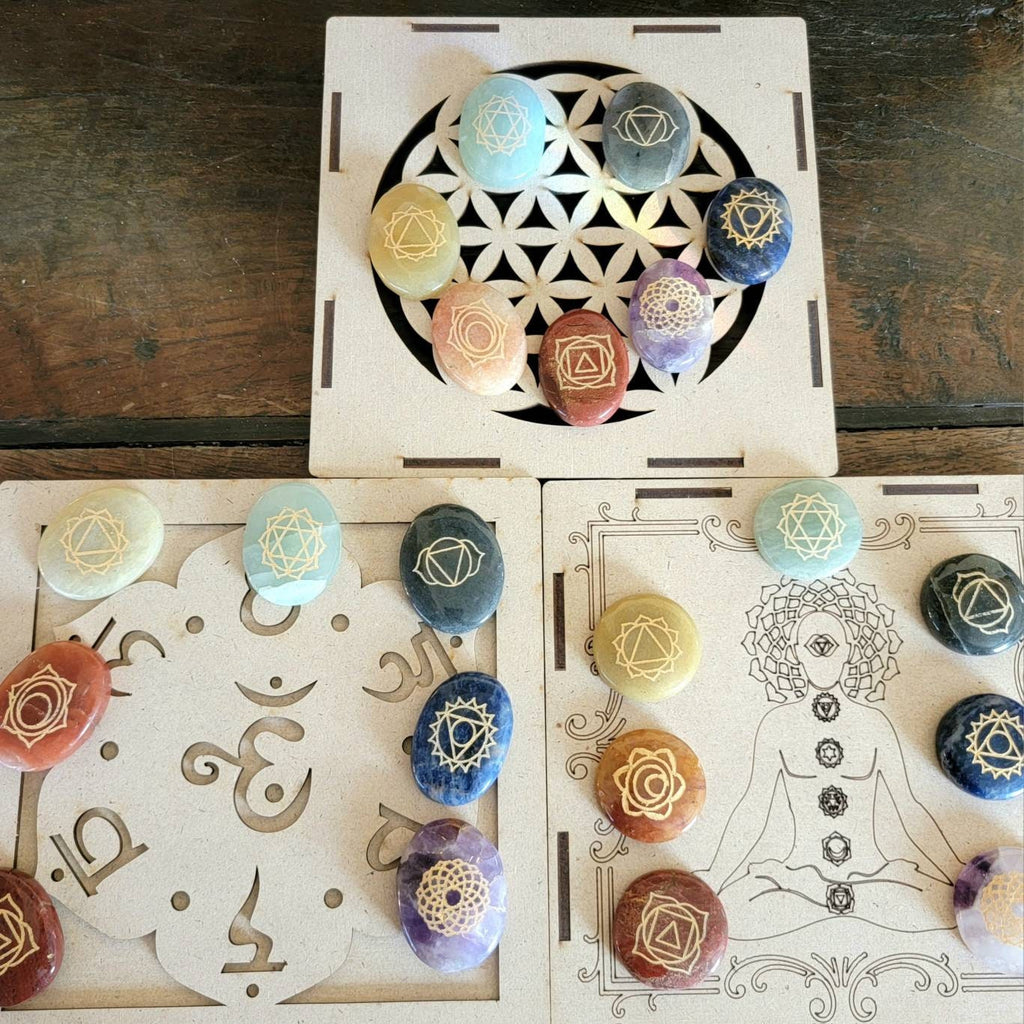 Mindful Meditation Engraved 7 Crystal Box Set, Engraved Palmstone 7 Chakra Set with a Wood Box